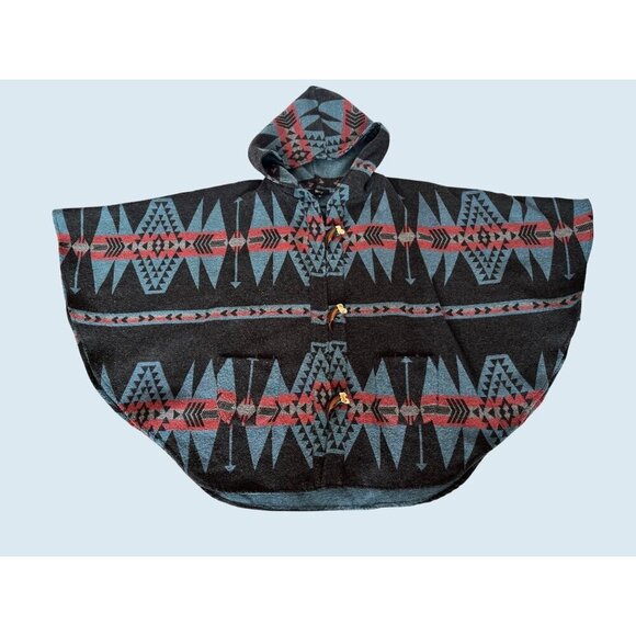 SKY Clothing Devnet Hooded Wool Blend Southwest Print Poncho Sz S - Picture 2 of 7